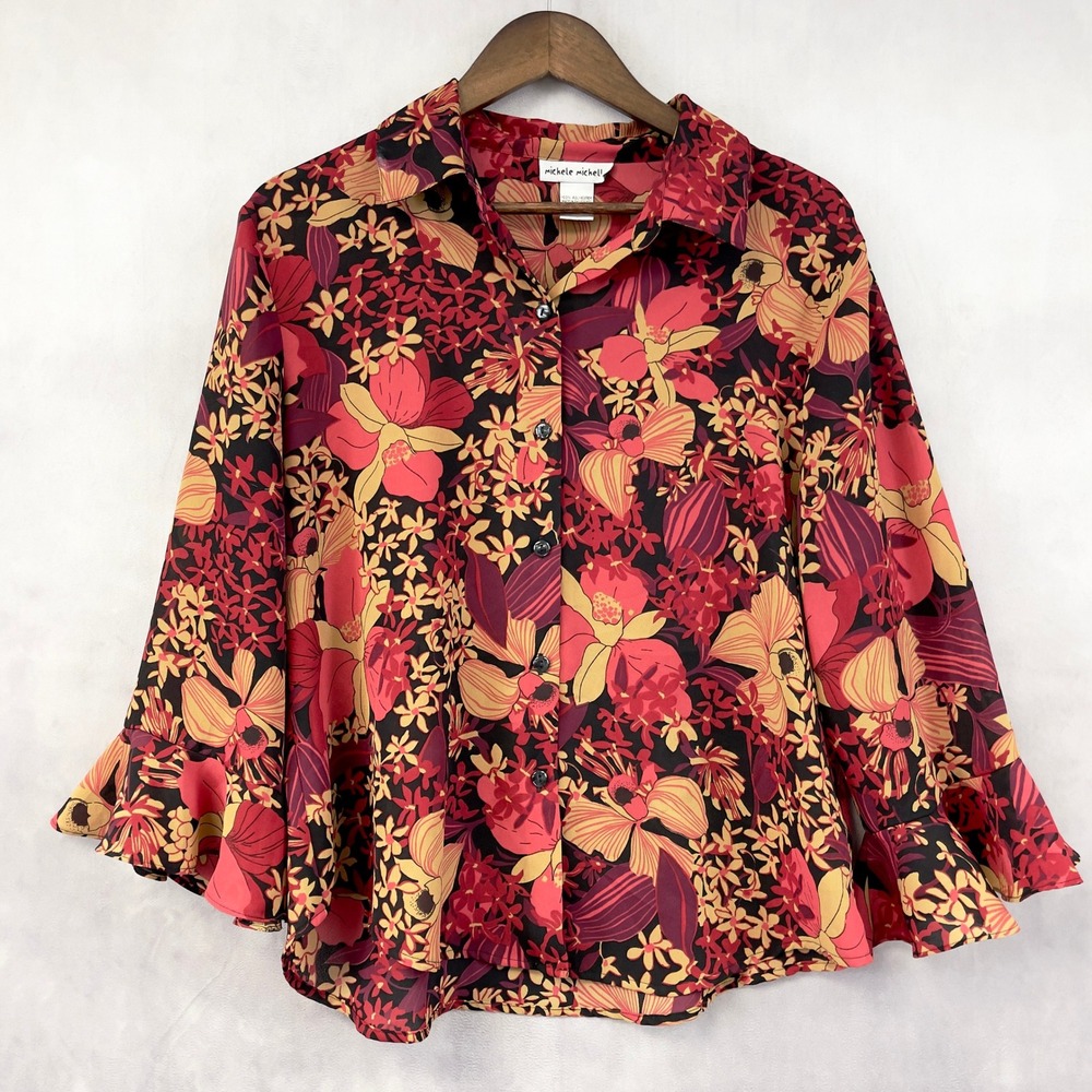 VTG Ruffled Floral Button Up‎ Top Womens Large Flowy Y2K Whimsigoth Phoebe Retro